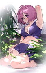 Rule 34 | 1girl, ahoge, alternate costume, arm behind head, armpits, bare arms, bare legs, bare shoulders, breasts, cleavage, collarbone, fate/grand order, fate (series), glasses, hair over one eye, highres, large breasts, light purple hair, looking at viewer, mash kyrielight, navel, plant, purple eyes, short hair, sitting, solo, stomach, to gemichi, wariza