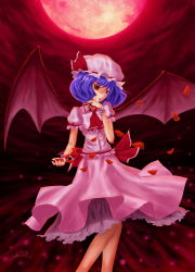 Rule 34 | 1girl, bad id, bad pixiv id, bat wings, blood, blue hair, bow, c.z., dress, female focus, full moon, hat, highres, moon, outdoors, petals, red eyes, red moon, remilia scarlet, ribbon, sky, solo, touhou, wings, wristband