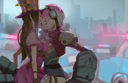 Rule 34 | 2girls, armor, belt, breasts, brown hair, caitlyn (league of legends), city, dress, goggles, hat, kiss, league of legends, long hair, multiple girls, piercing, pink hair, police, short hair, tattoo, vi (league of legends), yuri