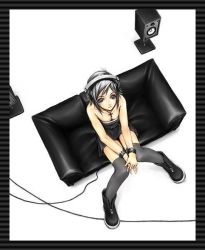 Rule 34 | 1girl, black hair, black theme, boots, breasts, cleavage, couch, cross, from above, headphones, jewelry, necklace, original, over-kneehighs, short hair, solo, speaker, thighhighs, wristband