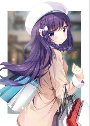Rule 34 | 1girl, absurdres, bag, beret, blurry, blurry background, blush, bow, braid, breasts, brown coat, closed mouth, coat, colored eyelashes, commentary request, depth of field, from side, gochuumon wa usagi desu ka?, hair bow, hand up, hat, highres, long hair, long sleeves, looking at viewer, looking to the side, medium breasts, paper bag, pizzzica, purple eyes, purple hair, shopping bag, smile, solo, tedeza rize, very long hair, white bow, white hat