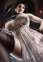 Rule 34 | 1girl, alcina dimitrescu, black gloves, black hair, black panties, blood, blood stain, blurry, breasts, candle, claw (weapon), cowboy shot, dandon fuga, depth of field, dress, earrings, fingernails, from below, garter straps, gloves, hand on own hip, hat, highres, huge breasts, indoors, jewelry, lipstick, long fingernails, looking at viewer, looking down, makeup, panties, parted lips, red lips, resident evil, resident evil village, see-through, see-through dress, short hair, solo, stained clothes, standing, thighhighs, thighs, underwear, weapon, yellow eyes