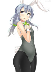 Rule 34 | 10s, 1girl, animal ears, bad id, bad pixiv id, bow, bowtie, covered navel, detached collar, fake animal ears, grey eyes, hair ornament, hair scrunchie, kankitsunabe (citrus), kantai collection, leotard, long hair, pantyhose, playboy bunny, rabbit ears, rabbit tail, scrunchie, silver hair, solo, standing, tail, wrist cuffs, yamagumo (kancolle)