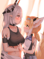 Rule 34 | 2girls, age difference, animal ears, arknights, armband, bandages, bare arms, bare shoulders, black choker, blonde hair, blue hairband, braided hair rings, breasts, choker, commentary request, crop top, fox ears, fox tail, from side, green eyes, hairband, highres, horns, infection monitor (arknights), large breasts, long hair, looking at another, material growth, midriff, mudrock (arknights), multiple girls, onee-loli, oripathy lesion (arknights), pointy ears, profile, red eyes, sarashi, silver hair, sleeveless, small breasts, smile, sports bra, stomach, suzuran (arknights), tail, upper body, yuetsu, yuri
