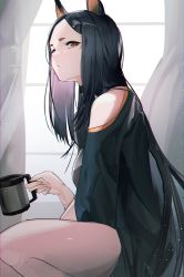 Rule 34 | 1girl, absurdres, animal ears, arknights, bare shoulders, black hair, black shirt, breasts, brown eyes, coffee mug, cup, curtains, dobermann (arknights), dog ears, forehead, from side, highres, hiyaori (hiyahiyaval), holding, holding cup, indoors, long hair, looking at viewer, looking to the side, medium breasts, mug, off shoulder, one eye closed, parted lips, shirt, sitting, solo, thighs, very long hair, window