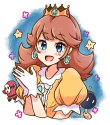 1girl artist_name blue_eyes blush blush_stickers bob-omb crown gloves mario_(series) nintendo princess_daisy sadnesskoral shy_guy white_gloves