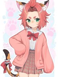 Rule 34 | 1girl, animal ear fluff, animal ears, artist name, bangs pinned back, bow, bowtie, cat ears, cat girl, cat tail, commentary, cowboy shot, diona (genshin impact), genshin impact, green eyes, hand on own hip, highres, jacket, long sleeves, looking at viewer, paw print, paw print background, pink jacket, plaid, plaid skirt, red bow, red bowtie, red hair, short eyebrows, short hair, simple background, skirt, solo, tail, tail ornament, thick eyebrows, v-shaped eyebrows, vickie (cryingrobot)