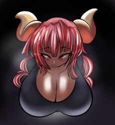 Rule 34 | 1girl, absurdres, black background, blush, breasts, cleavage, clothes, doeswhatever, dragon horns, female focus, highres, horns, huge breasts, ilulu (maidragon), kobayashi-san chi no maidragon, looking at viewer, pink eyes, simple background, smile, solo