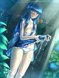 Rule 34 | 1girl, bad id, bad pixiv id, black hat, blue flower, blue hair, blue skirt, blush, cameltoe, clothes down, commentary request, dutch angle, feet out of frame, flower, food, fruit, hair censor, hat, highres, hinanawi tenshi, indoors, leaf, light rays, long hair, looking at viewer, maru daizu (aqua6233), panties, parted lips, peach, petticoat, pink eyes, polka dot, polka dot panties, shirt, sidelocks, skirt, solo, sparkle, standing, thighs, topless, touhou, underwear, unworn hat, unworn headwear, very long hair, water, wet, white panties, white shirt, wringing, wringing hair