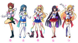 Rule 34 | 5girls, ;o, arm up, bad id, bad pixiv id, bishoujo senshi sailor moon, black cat, black footwear, black hair, blonde hair, blue eyes, blue hair, blue skirt, boots, bow, breasts, brown hair, cat, choker, cosplay, elbow gloves, emblem, female focus, flower, full body, gloves, green eyes, green skirt, hair flower, hair ornament, hairclip, hand on own hip, heart, high heel boots, high heels, high ponytail, inner senshi, joker (sailor heroine), knee boots, large breasts, leg up, lineup, long hair, looking at viewer, magical girl, miniskirt, multiple girls, neckerchief, official art, one eye closed, one side up, orange skirt, original, pencil skirt, pink flower, pink rose, pleated skirt, ponytail, purple eyes, red bow, red footwear, red skirt, rose, sailor aqua, sailor breeze, sailor collar, sailor eternal, sailor gaia, sailor heroine: ikasete power-up h!, sailor ignis, sailor jupiter, sailor jupiter (cosplay), sailor mars, sailor mars (cosplay), sailor mercury, sailor mercury (cosplay), sailor moon, sailor moon (cosplay), sailor senshi, sailor venus, sailor venus (cosplay), shima chiyo, short hair, side slit, simple background, sketch, skirt, small breasts, smile, standing, standing on one leg, thigh boots, thighhighs, very long hair, white background, white footwear, white gloves, white legwear