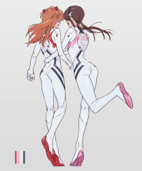 2girls, ass, beige background, bodysuit, breasts, brown hair, color guide, commentary request, evangelion: 3.0+1.0 thrice upon a time, from behind, full body, glasses, highres, hug, interface headset, itou (very ito), kneepits, long hair, low twintails, makinami mari illustrious, medium breasts, multiple girls, neon genesis evangelion, orange hair, plugsuit, rebuild of evangelion, red-framed eyewear, sideways mouth, soryu asuka langley, twintails, white bodysuit