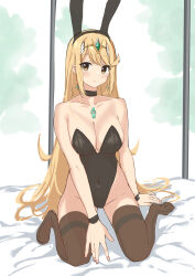 Rule 34 | 1girl, absurdres, alternate costume, animal ears, aotsuba, arm support, bare shoulders, bed sheet, black thighhighs, blonde hair, breasts, chest jewel, cleavage, collarbone, commentary request, covered navel, fake animal ears, full body, headpiece, highres, jewelry, large breasts, leotard, long hair, looking at viewer, mythra (xenoblade), no shoes, on bed, playboy bunny, rabbit ears, sitting, solo, strapless, strapless leotard, swept bangs, thighhighs, tiara, very long hair, wariza, xenoblade chronicles (series), xenoblade chronicles 2, yellow eyes