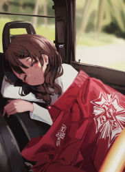 Rule 34 | 1girl, absurdres, arm pillow, bad id, bad twitter id, blurry, blurry background, brown hair, car interior, closed eyes, closed mouth, depth of field, gishiki (gshk), hair ornament, hairclip, highres, jacket, long hair, long sleeves, lying, on side, original, red jacket, sleeping, solo, sweater, unworn jacket, white sweater