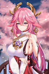 Rule 34 | 1girl, absurdres, bare shoulders, blouse, blurry, blurry background, bow, breasts, cherry blossoms, cleavage, detached sleeves, floral print, folding fan, genshin impact, hair between eyes, hair ornament, hand fan, highres, japanese clothes, jewelry, kimono, large breasts, long hair, match (scp115), miko, nail polish, necklace, open mouth, pendant, petals, pink hair, pink nails, purple eyes, red bow, shirt, sideboob, sidelocks, sleeveless, sleeveless kimono, sleeveless shirt, solo, standing, white kimono, white shirt, wide sleeves, yae miko