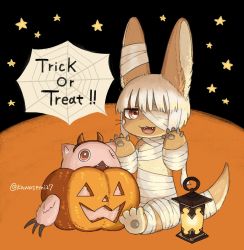 Rule 34 | 1girl, 1other, brown eyes, rabbit, furry, halloween, highres, kawasemi27, made in abyss, mitty, nanachi (made in abyss), open mouth, pumpkin, trick or treat, white hair