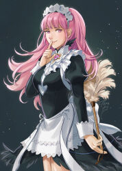 Rule 34 | 1girl, alternate costume, apron, black background, black feathers, breasts, cosplay, cowboy shot, earrings, enmaided, feather trim, feathers, female focus, fire emblem, fire emblem: three houses, fire emblem fates, flora (fire emblem), flora (fire emblem) (cosplay), hand to own mouth, hilda valentine goneril, holding, jewelry, juliet sleeves, long hair, long sleeves, looking at viewer, maid, maid apron, maid headdress, matching hair/eyes, nintendo, pink eyes, pink hair, puffy sleeves, signature, simple background, solo, tamafry, twintails