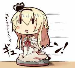 Rule 34 | 10s, 1girl, 221 (tsutsuichi), :d, bare shoulders, between legs, blonde hair, blush, blush stickers, braid, chibi, commentary request, crown, dress, french braid, hair between eyes, hairband, hand between legs, jewelry, kantai collection, long hair, long sleeves, mini crown, necklace, off shoulder, open mouth, red ribbon, ribbon, riding, robotic vacuum cleaner, sitting, smile, solo, text focus, translation request, v arms, vacuum cleaner, wariza, warspite (kancolle), white legwear, | |, || ||