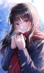 Rule 34 | 1girl, absurdres, blue background, blue coat, blue eyes, blurry, blurry background, blush, brown hair, clenched hand, coat, day, highres, long hair, looking at viewer, open mouth, original, outdoors, red scarf, scarf, sidelocks, smile, snow, snowing, solo, standing, sunlight, teeth, upper body, winter, winter clothes, youwon0417
