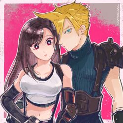 1boy 1girl armor bare_shoulders black_gloves black_hair black_skirt black_sports_bra blonde_hair blue_eyes blue_sweater breasts closed_mouth cloud_strife couple crop_top earrings elbow_gloves final_fantasy final_fantasy_vii final_fantasy_vii_rebirth final_fantasy_vii_remake fingerless_gloves gloves hand_on_another&#039;s_hip highres jewelry long_hair looking_at_viewer medium_breasts midriff navel parted_bangs red_eyes ribbed_sweater short_hair shoulder_armor single_arm_guard single_earring skirt sleeveless sleeveless_turtleneck spiked_hair sports_bra stud_earrings suspender_skirt suspenders sweater swept_bangs tank_top tifa_lockhart turtleneck turtleneck_sweater un_(6unsun9) upper_body white_tank_top