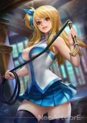 Rule 34 | 1girl, armpits, bare arms, blonde hair, blue ribbon, blue skirt, blush, breasts, brown eyes, cleavage, facing viewer, fairy tail, hair ribbon, happy, holding, holding weapon, holding whip, indoors, large breasts, long hair, looking at viewer, lucy heartfilia, neoartcore, parted lips, pleated skirt, ponytail, ribbon, shirt, side ponytail, skirt, sleeveless, smile, solo, standing, teeth, thighhighs, weapon, whip, white shirt, window