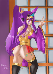 Rule 34 | 1girl, absurdres, ainz2b, alternate costume, arc system works, ass, bare shoulders, blazblue, blush, detached sleeves, embarrassed, from behind, grin, hades izanami, headgear, highres, horn, long hair, looking at viewer, looking back, mikado (blazblue), pelvic curtain, ponytail, purple hair, red eyes, shiny skin, skirt, smile, solo, thighhighs, thong, very long hair, wide sleeves