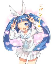 Rule 34 | 1girl, ;d, blue eyes, blue hair, double v, long hair, looking at viewer, mascot, matching hair/eyes, nipako, one eye closed, open mouth, ribbon, riv (rivleaf), shirt, smile, solo, text focus, translation request, twintails, ultimate nipper, v