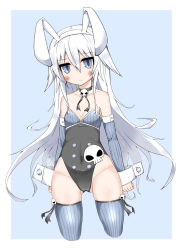 Rule 34 | 1girl, animal ears, bare shoulders, black choker, black leotard, blue background, blue eyes, blue shirt, blue thighhighs, blush, breasts, choker, closed mouth, commentary, covered navel, cowboy shot, cropped legs, detached sleeves, fake animal ears, gluteal fold, highleg, highleg leotard, highres, kooh (rikuhito), leotard, light frown, long hair, looking at viewer, original, outside border, playboy bunny, rabbit ears, rikuhito, shirt, skull, small breasts, solo, standing, thighhighs, very long hair, white hair, wrist cuffs