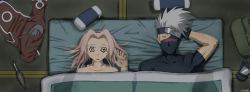 Rule 34 | 1boy, 1girl, @ @, aftersex, artist request, bed, blush, clothes on floor, dazed, futon, haruno sakura, hatake kakashi, indoors, kunai, naruto, naruto (series), ruined for marriage, third-party edit, upper body, weapon