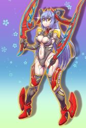 Rule 34 | 1girl, android, artist request, blue hair, boots, breasts, cleavage, cyborg, elbow gloves, flower, gloves, glowing, highres, holding, holding sword, holding weapon, long hair, navel, nintendo, pantyhose, poppi (xenoblade), purple hair, sideboob, smile, solo, standing, sword, tagme, very long hair, weapon, xenoblade chronicles (series), xenoblade chronicles 2