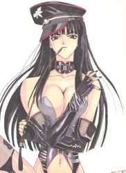 Rule 34 | 1990s (style), 1girl, adam gall, aoyama motoko, atim mazaku, attim m&#039;zak, bare shoulders, black gloves, black hair, black nails, blunt bangs, breasts, brown eyes, bustier, cleavage, collar, cosplay, dominatrix, elbow gloves, fingerless gloves, fishnets, garter straps, gloves, hat, large breasts, latex, leather, lipstick, long hair, looking at viewer, love hina, makeup, medium breasts, nail polish, narrow waist, peaked cap, retro artstyle, riding crop, scan, seraphic feather, serious, simple background, solo, spread legs, thighhighs, upper body, whip, white background