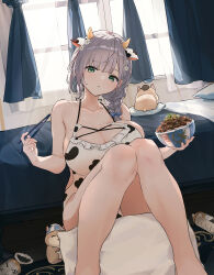 Rule 34 | 1girl, absurdres, animal ears, animal print, apron, baby bottle, bare legs, bed, blush, bottle, bowl, braid, breasts, chopsticks, cow ears, cow horns, cow print, curtains, die suki, fake animal ears, fake horns, feet out of frame, flower, food, green eyes, grey hair, gyuudon, hair flower, hair ornament, hair ribbon, highres, holding, holding bowl, holding chopsticks, hololive, horns, knees up, large breasts, legs, looking at viewer, medium hair, naked apron, open mouth, pillow, rattle, ribbon, shirogane noel, single braid, sitting, solo, virtual youtuber