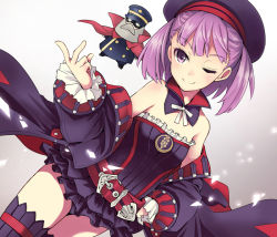 Rule 34 | 1girl, bare shoulders, blush, fate/grand order, fate (series), flat chest, fujii jun, hat, helena blavatsky (fate), helena blavatsky (third ascension) (fate), jacket, looking at viewer, one eye closed, purple eyes, purple hair, sefirot, short hair, smile, solo, strapless, thighhighs