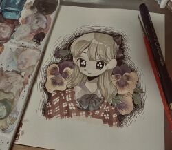 Rule 34 | 1girl, art tools in frame, black eyes, blonde hair, bow, bowtie, closed mouth, collared shirt, flower, fuminooco, grey bow, grey bowtie, half updo, highres, light smile, long hair, looking at viewer, original, pansy, plaid, plaid shirt, portrait, red shirt, shirt, solo, traditional media, yellow flower, yellow pansy