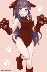 Rule 34 | 1girl, animal collar, animal costume, animal ears, animal hands, bare shoulders, black hair, blue eyes, blunt bangs, blush, breasts, brown one-piece swimsuit, collar, covered navel, dog costume, dog ears, dog paws, gloves, hime cut, long hair, looking at viewer, medium breasts, new game!, one-piece swimsuit, paw gloves, paw print, pink background, sideboob, solo, standing, standing on one leg, swimsuit, takimoto hifumi, tasora, twitter username, wavy mouth