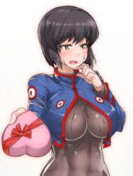 Rule 34 | 1girl, black bodysuit, black hair, blue jacket, blush, bodysuit, bow, box, breasts, brown eyes, chloe valens, cropped jacket, gift, gift box, giving, heart-shaped box, jacket, large breasts, looking to the side, maki ikazuya, no headwear, no headwear, open mouth, red bow, short hair, shy, simple background, solo, tales of (series), tales of legendia, upper body, valentine, white background