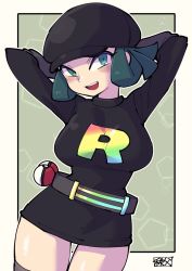 Rule 34 | 1girl, arms behind head, arms up, belt, black dress, black hat, blush, border, breasts, chichibu (watson), commentary request, commission, creatures (company), dress, eyelashes, game freak, gloves, green eyes, green hair, grey gloves, grey thighhighs, hat, large breasts, looking at viewer, nintendo, open mouth, outline, outside border, poke ball, poke ball (basic), pokemon, pokemon usum, shiny skin, short dress, short hair, signature, skeb commission, solo, team rainbow rocket, team rainbow rocket grunt, teeth, thighhighs, thighs, tongue, upper teeth only, zettai ryouiki