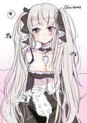 Rule 34 | 1girl, :t, animal, azur lane, between breasts, black bow, black dress, blush, bow, breasts, cat, cleavage, closed mouth, dress, formidable (azur lane), frilled dress, frills, grey hair, hair bow, highres, large breasts, long hair, mito (go!go!king!), pout, sitting, solo, spoken squiggle, squiggle, sweat, trembling, twintails, twitter username, very long hair, white background, white cat