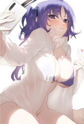 Rule 34 | 1girl, 85b0927, bikini, bikini top only, bikini under clothes, blue archive, bottomless, breasts, cellphone, cleavage, collarbone, finger heart, halo, heart, highres, holding, holding phone, large breasts, long hair, looking at phone, open clothes, open shirt, phone, purple bikini, purple eyes, purple hair, shirt, simple background, solo, swimsuit, two side up, very long hair, white background, white shirt, yuuka (blue archive)