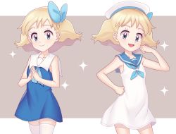 Rule 34 | 1girl, :d, bare arms, blonde hair, blue bow, blue dress, blue eyes, blue ribbon, blue sailor collar, blush, bow, closed mouth, collarbone, collared dress, commentary, covered navel, creatures (company), dress, english commentary, eyelashes, game freak, gazing eye, hair bow, hand on own hip, hand up, hat, highres, looking at viewer, medium hair, molly hale, multiple views, neck ribbon, nintendo, open mouth, own hands together, pokemon, pokemon (anime), pokemon (classic anime), pokemon 3: the movie - spell of the unown: entei, ribbon, sailor collar, sleeveless, sleeveless dress, smile, steepled fingers, tongue, white dress, white headwear