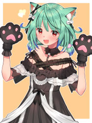 Rule 34 | 1girl, :d, ahoge, animal ears, animal hands, arms up, bare shoulders, black dress, blue hair, blush, bow, brooch, cat ears, collarbone, commentary request, detached collar, dress, ear piercing, ear ribbon, earrings, fang, flat chest, frilled dress, frilled straps, frills, gloves, gradient hair, green hair, hair ribbon, highres, hololive, jewelry, looking at viewer, low twintails, mi taro333, mixed-language commentary, multicolored hair, off-shoulder dress, off shoulder, official alternate costume, open mouth, paw gloves, piercing, red eyes, ribbon, see-through, see-through sleeves, short hair, short sleeves, short twintails, sidelocks, single earring, skin fang, smile, solo, twintails, uruha rushia, uruha rushia (3rd costume), virtual youtuber, w arms