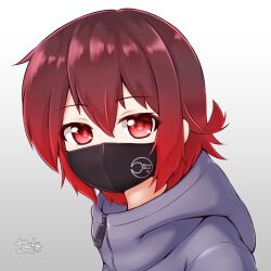 Rule 34 | 1girl, alternate costume, brown hair, gradient background, gradient hair, grey background, grey hoodie, grey jacket, highres, hood, hooded jacket, hoodie, jacket, kantai collection, looking at viewer, mask, mouth mask, multicolored hair, mutsuki (kancolle), red eyes, red hair, short hair, solo, white background, zanne