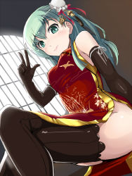Rule 34 | 10s, 1girl, blush, brown thighhighs, china dress, chinese clothes, crossed legs, double bun, dress, dutch angle, elbow gloves, from below, gloves, green eyes, green hair, hair bun, hi-ho-, kantai collection, lips, long hair, no panties, round window, sitting, smile, solo, suzuya (kancolle), thighhighs, v, w, window