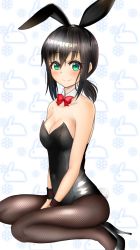 Rule 34 | 1girl, animal ears, black footwear, black hair, black leotard, black pantyhose, bow, bowtie, breasts, commentary request, detached collar, fake animal ears, fubuki (kancolle), green eyes, high heels, highres, kantai collection, kiyu fuyuki, leotard, long hair, looking at viewer, low ponytail, medium breasts, pantyhose, playboy bunny, ponytail, rabbit, rabbit ears, rabbit girl, rabbit tail, red bow, red bowtie, shiny clothes, sidelocks, sitting, snowflakes, solo, strapless, strapless leotard, tail, wariza, white background, wrist cuffs