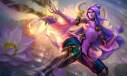 Rule 34 | 1girl, blade, boots, breasts, cleavage cutout, clothing cutout, detached sleeves, female focus, flower, green eyes, highres, irelia, knee boots, league of legends, long hair, lotus, michelle hoefener, official art, order of the lotus irelia, purple hair, solo, very long hair