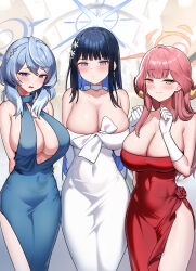 Rule 34 | 3girls, absurdres, ako (blue archive), ako (dress) (blue archive), aru (blue archive), aru (dress) (blue archive), bare shoulders, black hair, blue archive, blue dress, blue hair, blue halo, blush, breasts, cleavage, closed mouth, colored inner hair, commentary request, covered navel, demon girl, demon horns, dishui tangni, dress, gloves, halo, hand up, highres, horns, large breasts, looking at viewer, medium hair, multicolored hair, multiple girls, official alternate costume, pink hair, red dress, red halo, saori (blue archive), saori (dress) (blue archive), side slit, smile, strapless, strapless dress, thighs, white dress, white gloves