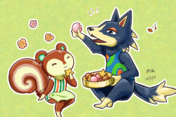 Rule 34 | 1boy, 1girl, akiduhaniwa, animal crossing, animal ears, artist name, candy, closed eyes, cracker, dated, flower, food, furry, furry female, furry male, green background, musical note, nintendo, open mouth, poppy (animal crossing), sitting, squirrel ears, squirrel tail, tail, wolf ears, wolf tail, wolfgang (animal crossing), wrapped candy