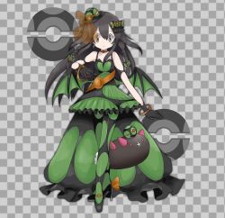Rule 34 | 1girl, alternate costume, bangle, bare shoulders, black footwear, black gloves, black hair, bow, bracelet, braid, checkered background, choker, closed mouth, collarbone, creatures (company), dress, dusk ball, expressionless, female focus, flat chest, full body, game freak, gen 7 pokemon, gloves, green bow, green dress, green headwear, green pantyhose, grey background, grey eyes, hair between eyes, hair bow, hair ornament, hand up, hat, high heels, jewelry, jpeg artifacts, long hair, looking at viewer, mini hat, namako plum, nintendo, official style, orange choker, pantyhose, pink eyes, plum (vtuber), plum no bouken note, poke ball, poke ball symbol, pokemon, pokemon (creature), pyukumuku, see-through, shoes, short dress, simple background, sleeveless, sleeveless dress, solo focus, standing, tilted headwear, twin braids, two-tone background, virtual youtuber, wings