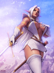 Rule 34 | 1girl, armlet, barretxiii, belt, boots, breasts, breasts apart, circlet, cleavage reach, dark elf, dark skin, dark-skinned female, disgust, dress, elf, covered erect nipples, from below, gloves, highres, holding, holding sword, holding weapon, large breasts, lips, lipstick, long hair, looking down, makeup, mascara, navel, no bra, nose, orange eyes, outdoors, pirotess, plunging neckline, pointy ears, record of lodoss war, revealing clothes, scabbard, sheath, short dress, side slit, silver hair, solo, sword, thigh boots, thighhighs, weapon, white dress, white footwear, white gloves
