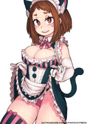 Rule 34 | 1girl, animal ears, black dress, boku no hero academia, breasts, brown eyes, brown hair, cameltoe, cat ears, cat tail, cleavage, cleft of venus, dress, elbow gloves, fake animal ears, frilled dress, frills, gloves, lifted by self, looking at viewer, maid, medium breasts, medium hair, panties, pink panties, saltydanshark, solo, tail, thighhighs, underwear, uraraka ochako, white gloves