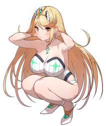Rule 34 | 1girl, adjusting hair, blonde hair, breasts, chest jewel, cleavage, closed mouth, earrings, green322, hair between eyes, hand in pocket, highres, jewelry, large breasts, long hair, looking at viewer, mythra (radiant beach) (xenoblade), mythra (xenoblade), one-piece swimsuit, squatting, swept bangs, swimsuit, tiara, white footwear, white one-piece swimsuit, xenoblade chronicles (series), xenoblade chronicles 2, yellow eyes